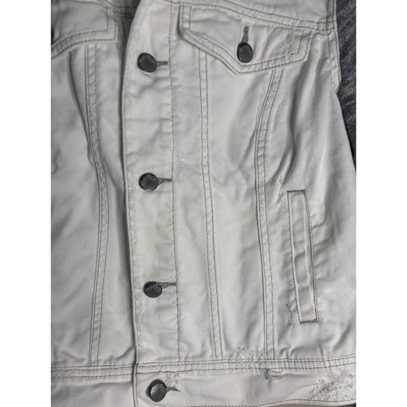 Free People‎ White Denim Jacket Gray Knit Sleeves Hoodie Layered Casual Wom SZ M - Picture 2 of 8